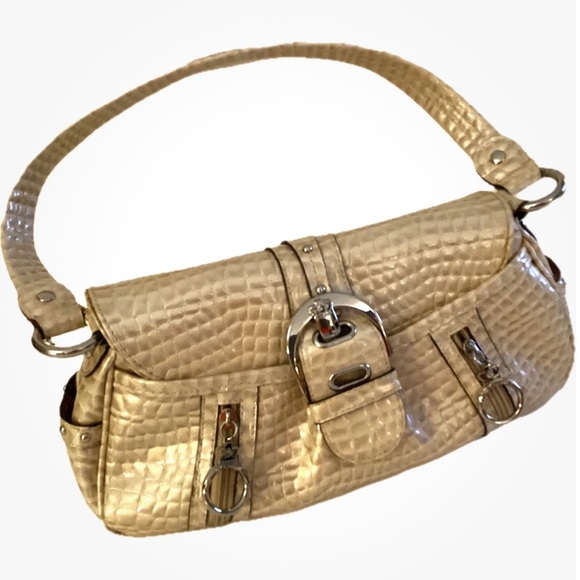 Kathy Van Zeeland Gold Faux Patent Leather Croc pattern Shoulder Handbag - Picture 7 of 16